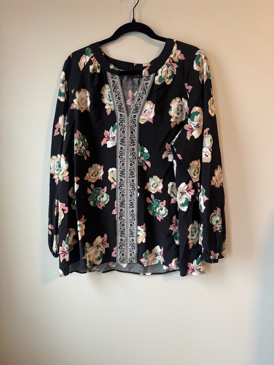 Lane Bryant Tops - Lane Bryant Black Floral Long-Sleeve Top with Embroidered Placket